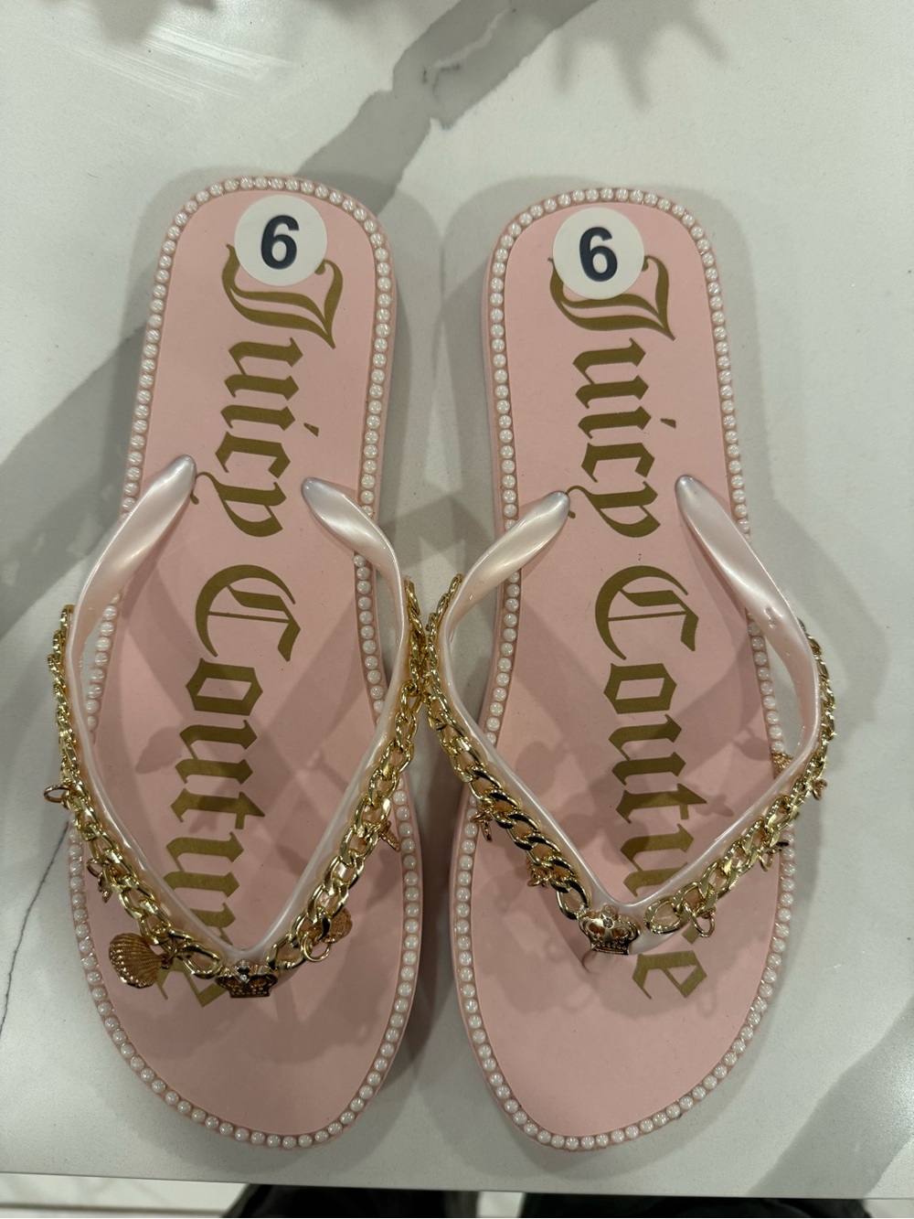 Juicy Couture Pink Pearl-Trim Gold Chain Flip Flops